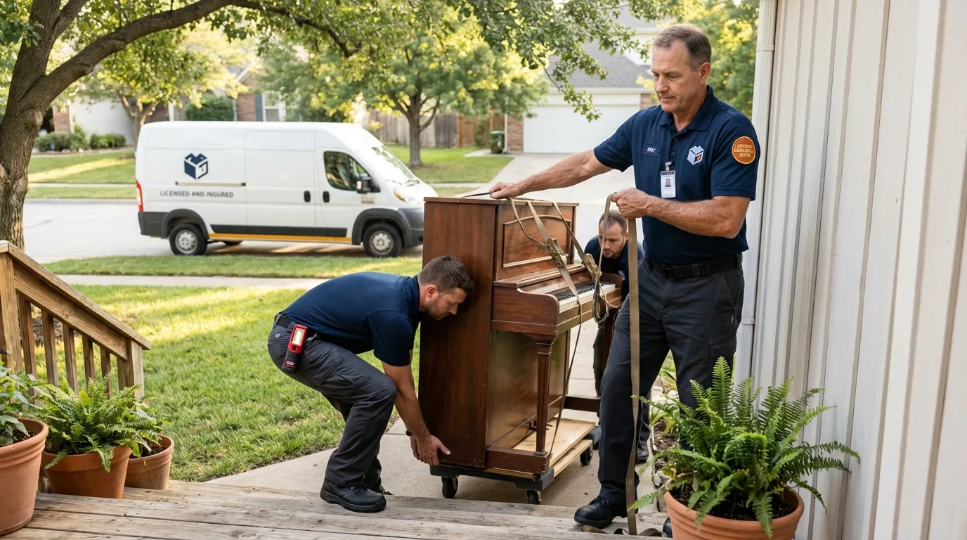 Licensed piano movers securing grand piano in Glenwood, IA