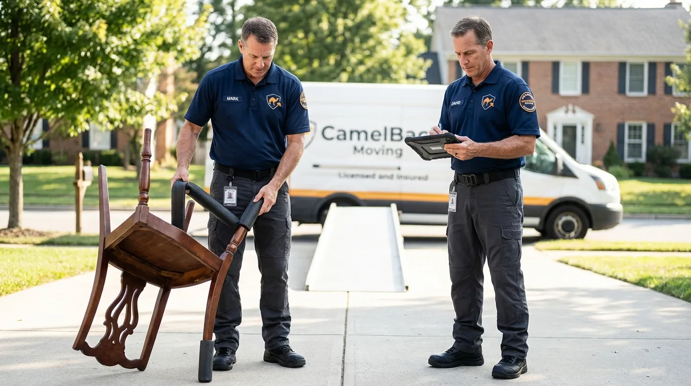 Movers inspecting furniture for damage prevention before loading in Glenwood, IA
