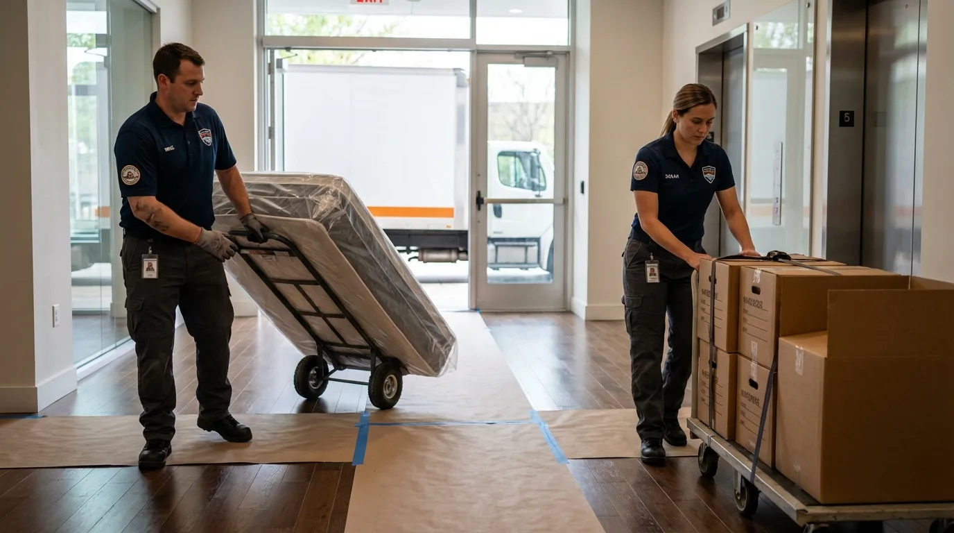 Professional apartment movers loading elevator in Glenwood, IA