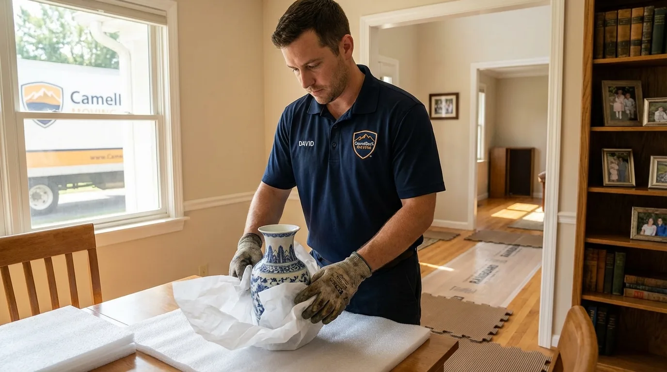 Professional crew carefully wrapping antique vase for senior downsizing move in Glenwood, IA